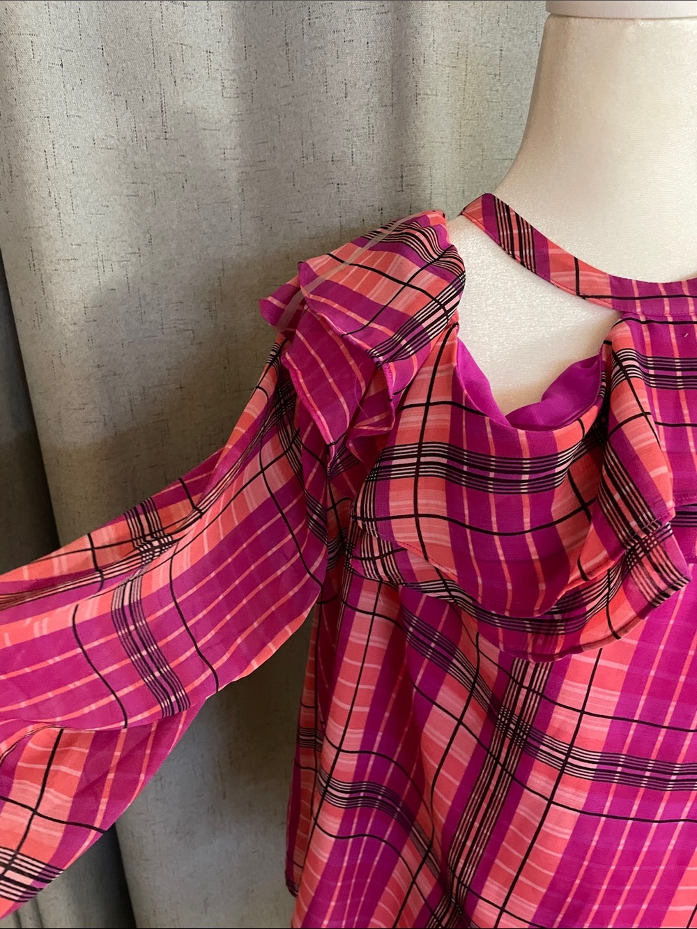 INC International Concepts Pink and Fuchsia Plaid Halter Top with Ruffle - Picture 6 of 7